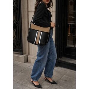 Haute Shore Drew Epic Neoprene Messenger Crossbody Bag Black Tan‎ Stripe